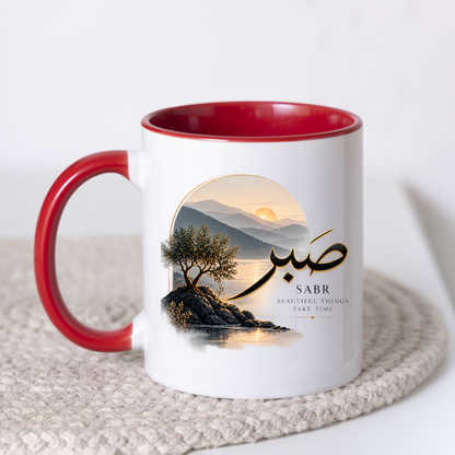 Islamic Mug "Sabr Beautiful Things Take Time" 325ml Ceramic Coffee Tea Cup – Gold Arabic Calligraphy Script, Olive Tree & Sunrise Mountain Landscape Religious Faith Gift for Muslims, Eid, Ramadan – Fast Dispatch by UK Seller (M3482)