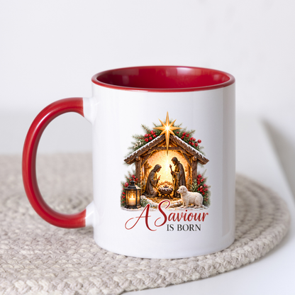 Christmas Mug "A Saviour Is Born Nativity Scene" 325ml Ceramic Coffee Mug – Christian Christmas Nativity Scene Mug with Bethlehem Star Baby Jesus Lamb Religious Holiday Gift | Available in Multicolours | Fast Dispatch by UK Seller (M3300)