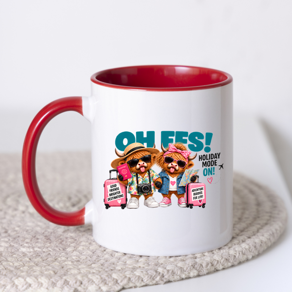 Holiday Highland Cows Mug "OH FFS! Holiday Mode On!" Oh Ffs! Holiday Mode On! 325ml Ceramic Coffee Mug – Cute Highland Cows Travel Buddies with Suitcases, Passport, Map & Camera | Funny Travel Gift | Fast Dispatch by UK Seller (M3370)