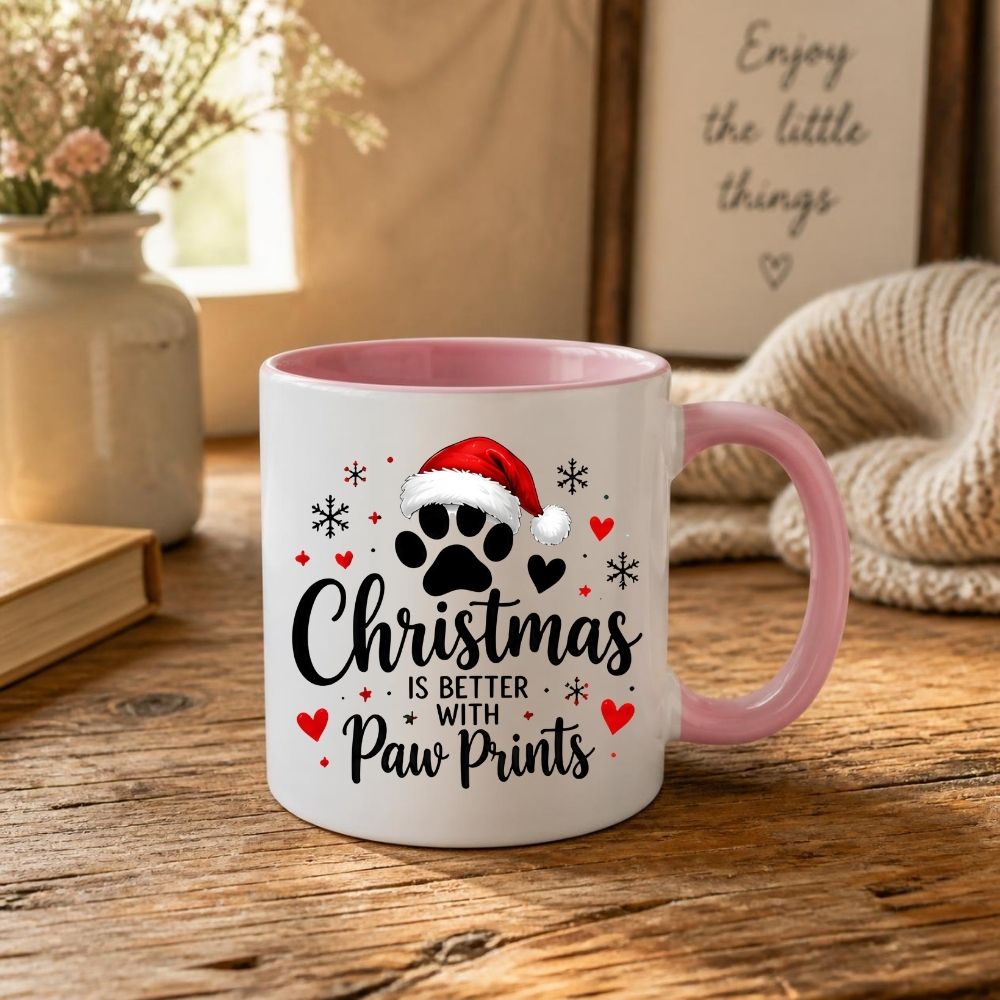 Festive Mug "Christmas is Better with Paw Prints" Santa Hat 325ml Ceramic Coffee Mug Cute Winter Holiday Tea Cup with Dog & Cat Paw, Hearts and Snowflakes | Available in Multicolours | Fast Dispatch by UK Seller (M1273)