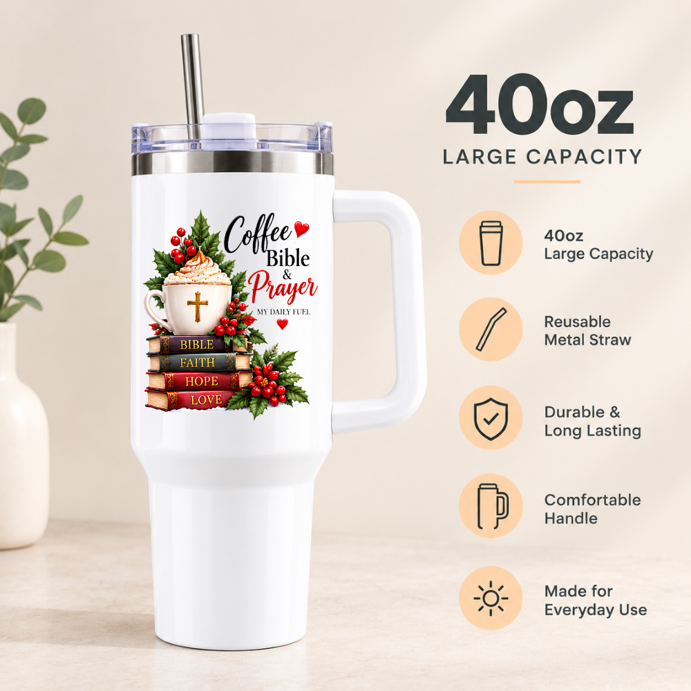 Inspirational Religious Travel Tumbler "Coffee Bible & Prayer My Daily Fuel" Graphic 40oz Stainless Steel Insulated Travel Mug with Handle & Straw – Coffee Mug with Cross, Books & Holly Berries Novelty Travel Cup | Fast Dispatch by UK Seller (T3014)
