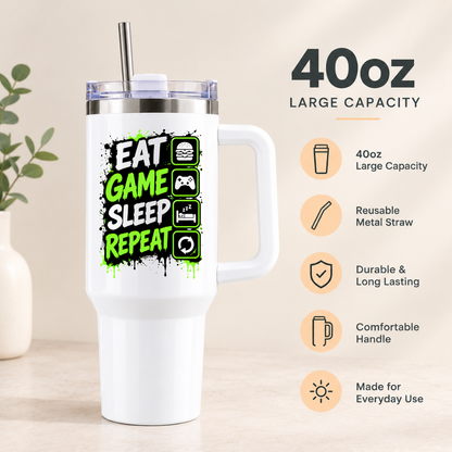 Funny Gaming Travel Tumbler "Eat Game Sleep Repeat" Graphic 40oz Stainless Steel Insulated Travel Mug with Handle & Straw – Green & Black Paint Splatter, Activity Icons Novelty Gift for Gamers | Fast Dispatch by UK Seller (T3066)