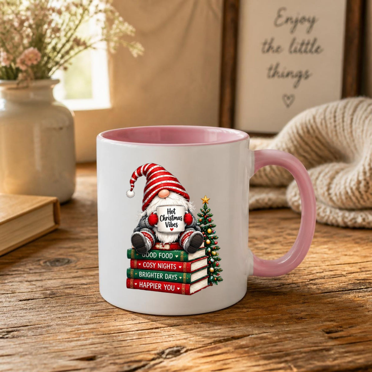 Cozy Mug "Hot Christmas Vibes" Gnome 325ml Ceramic Coffee Mug Festive Winter Holiday Tea Cup with Stack of Books & Striped Hat Gift | Available in Multicolours | Fast Dispatch by UK Seller (M1255)