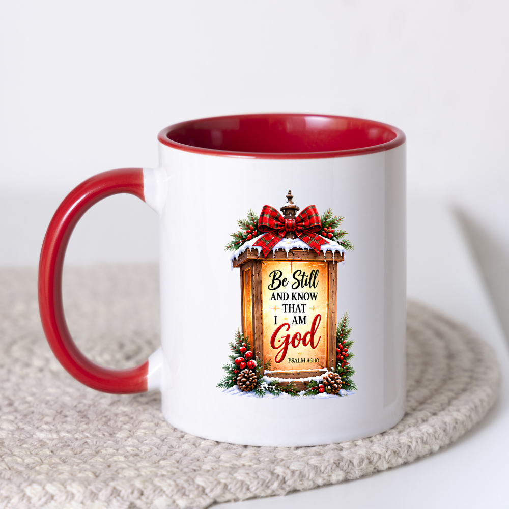 Religious Christmas Mug "Be Still And Know That I Am God" Lantern Be Still And Know That I Am God 325ml Ceramic Coffee Mug – Christian Lantern Scripture Mug with Psalm 46:10, Bow & Pinecones | Religious Holiday Gift | Fast Dispatch by UK Seller (M3354)