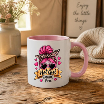 Sassy Mum Mug "Hot Girl (Mum) Era" 325ml Ceramic Coffee Mug Trendy Messy Bun Tea Cup with Leopard Bandana, Heart Sunglasses & Hearts Gift | Available in Multicolours | Fast Dispatch by UK Seller (M1306)