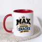 Personalized Name Mug "Max Currently Accepting Snacks Not Advice" Max Currently Accepting Snacks 325ml Ceramic Coffee Mug – Custom Name Varsity Typography Slogan with Golden Crown & Brushstroke Highlights | Funny Gift | Fast Dispatch by UK Seller (M3444)