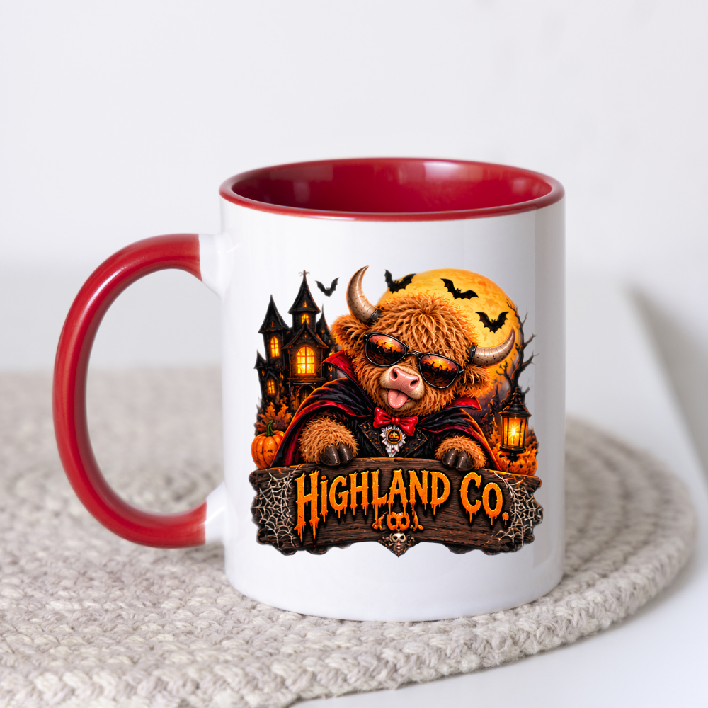 Halloween Mug "Vampire Costume Highland Co." Vampire Costume Highland Cow 325ml Ceramic Coffee Mug – Spooky Halloween Tea Cup with Dracula Cape Sunglasses Haunted House Graphic Gift | Available in Multicolours | Fast Dispatch by UK Seller (M3179)