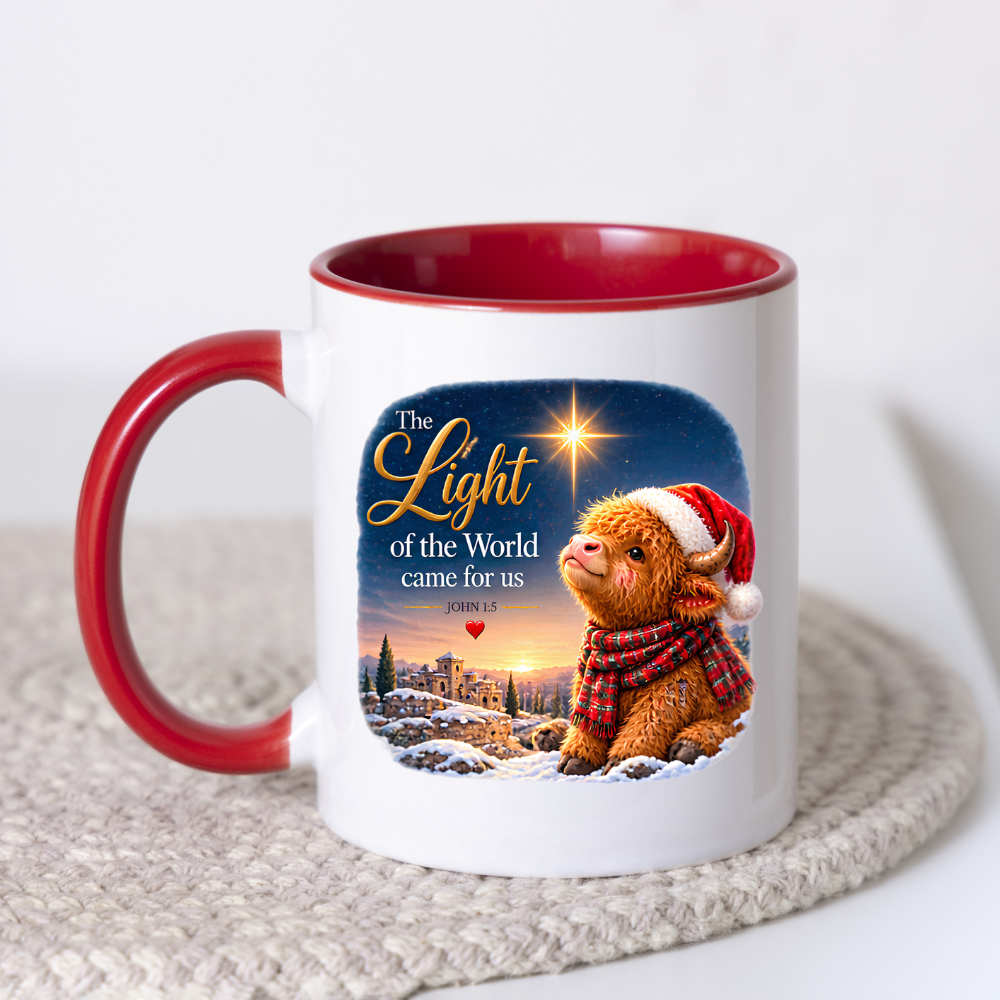 Christmas Mug "The Light Of The World Came For Us Highland Cow" John 1:5 325ml Ceramic Coffee Mug – Festive Highland Cow Mug With Santa Hat Star Of Bethlehem Christian Holiday Gift | Available in Multicolours | Fast Dispatch by UK Seller (M3308)