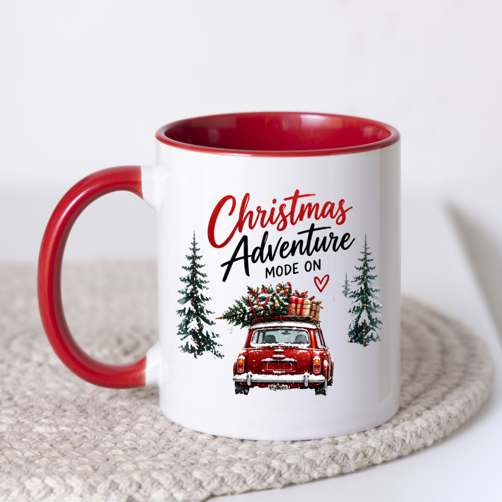 Festive Red Car Christmas Mug "Christmas Adventure Mode On" Christmas Adventure Mode On 325ml Ceramic Coffee Mug – Vintage Red Car with Christmas Tree & Gift Boxes with Snowy Pine Trees | Festive Holiday Gift | Fast Dispatch by UK Seller (M3398)
