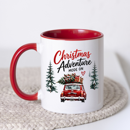 Festive Red Car Christmas Mug "Christmas Adventure Mode On" Christmas Adventure Mode On 325ml Ceramic Coffee Mug – Vintage Red Car with Christmas Tree & Gift Boxes with Snowy Pine Trees | Festive Holiday Gift | Fast Dispatch by UK Seller (M3398)