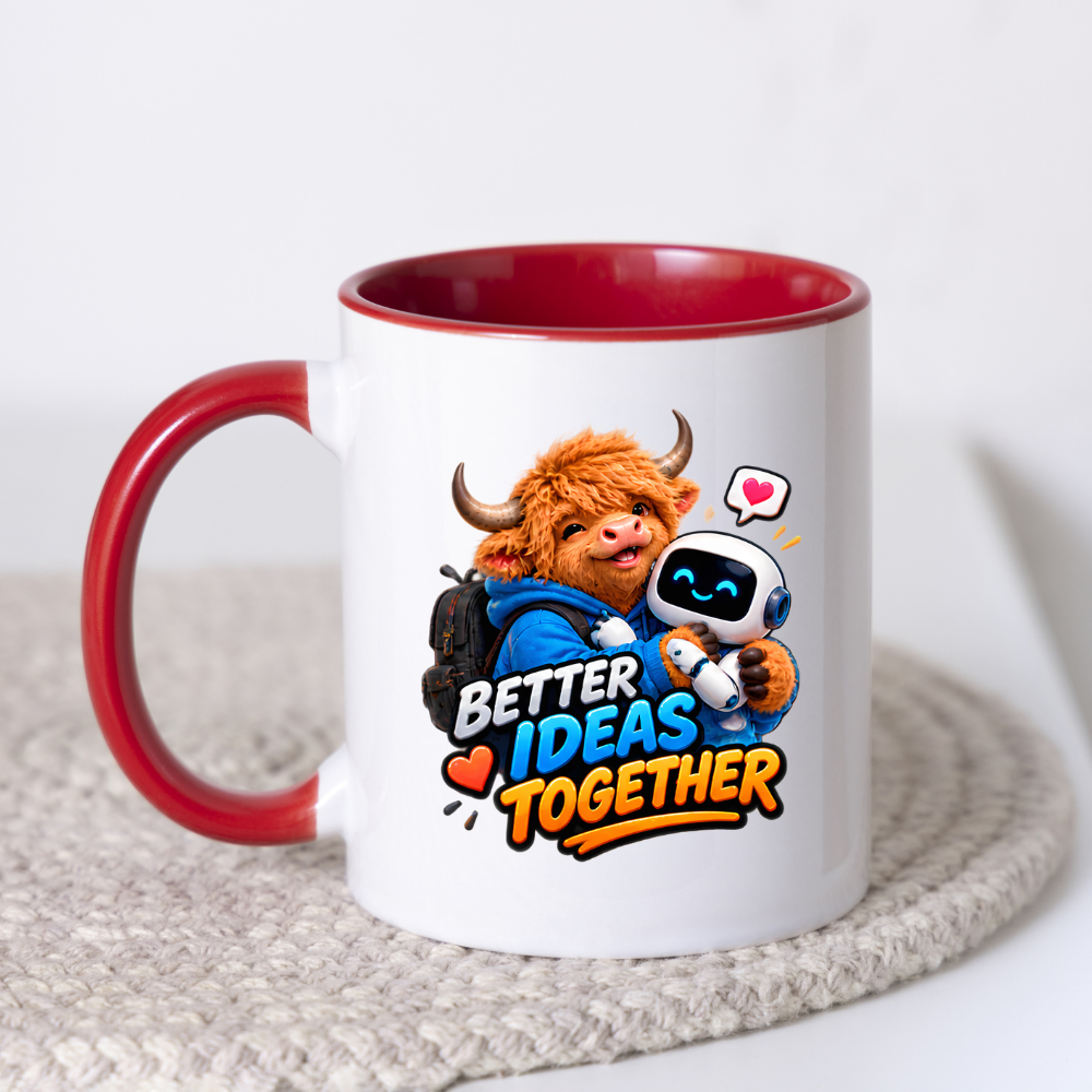 Tech Mug "Better Ideas Together Highland Cow" 325ml Ceramic Coffee Mug – Cute Highland Cow Hugging AI Robot Companion Modern Tech Gift For Coworkers Developers AI Enthusiasts | Available in Multicolours | Fast Dispatch by UK Seller (M3231)