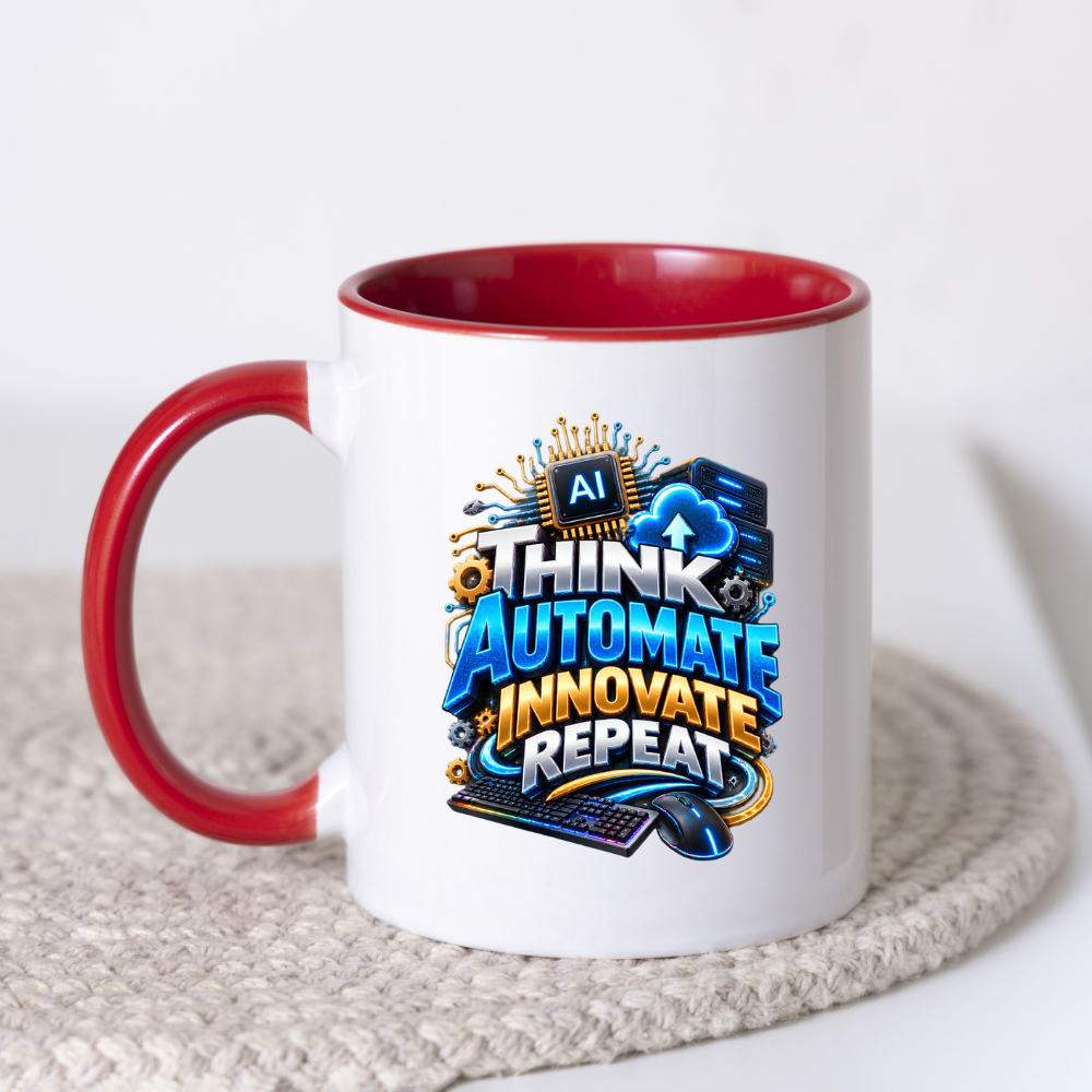 Tech Mug "Think Automate Innovate Repeat" Think Automate Innovate Repeat 325ml Ceramic Coffee Mug – Tech Developer Mug with AI Processor, Cloud, Keyboard & Mouse | IT Programmer Gift | Fast Dispatch by UK Seller (M3326)