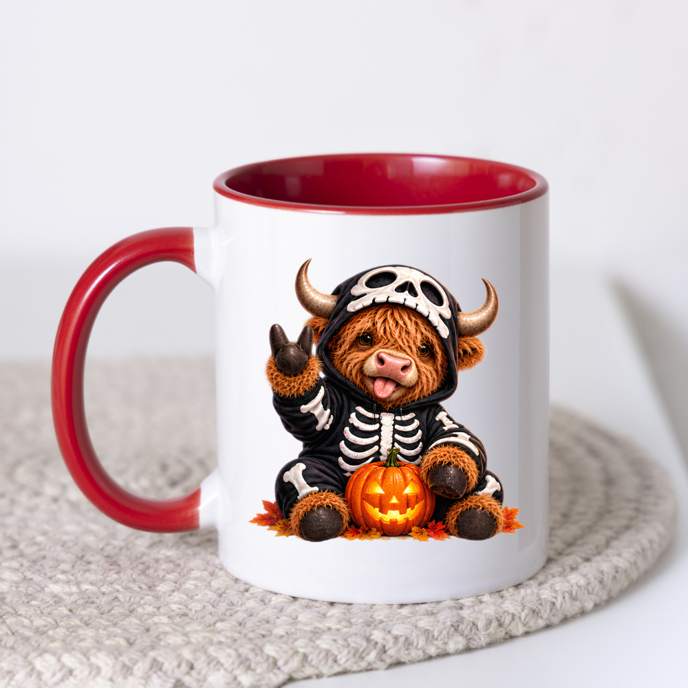 Spooky Mug "Skeleton Costume Highland Cow" Skeleton Highland Cow 325ml Ceramic Coffee Mug Cute Halloween Onesie Tea Cup with Pumpkin Graphic Gift | Available in Multicolours | Fast Dispatch by UK Seller (M3163)