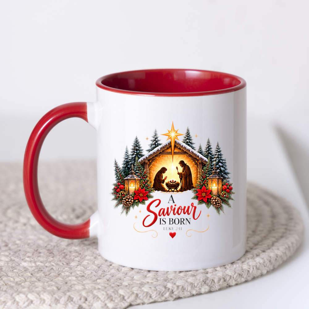 Christmas Mug "A Saviour Is Born Luke 2:11" A Saviour Is Born 325ml Ceramic Coffee Mug – Festive Nativity Scene Mug with Star of Bethlehem Poinsettia Holiday Gift | Available in Multicolours | Fast Dispatch by UK Seller (M3320)