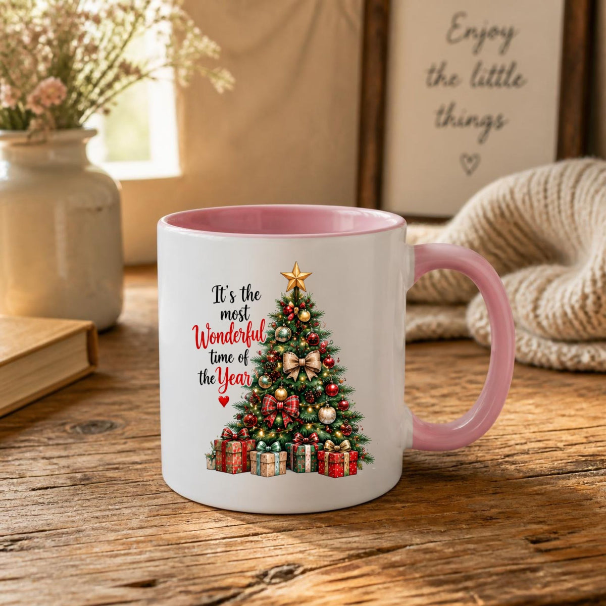 Festive Mug "It's the Most Wonderful Time of the Year" Christmas Tree 325ml Ceramic Coffee Mug – Classic Holiday Tea Cup with Ornaments, Star Gifts Gift | Available in Multicolours | Fast Dispatch by UK Seller (M1262)