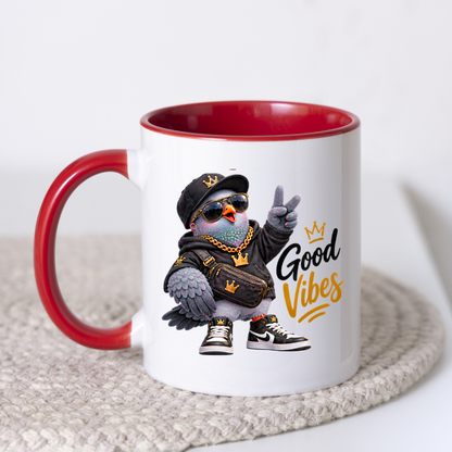 Streetwear Mug "Good Vibes Cool Pigeon" Good Vibes 325ml Ceramic Coffee Mug – Cool Pigeon with Cap, Sunglasses, Gold Chain, Hoodie & Sneakers Funny Hip Hop Bird Mug Gift For Friends | Available in Multicolours | Fast Dispatch by UK Seller (M3243)