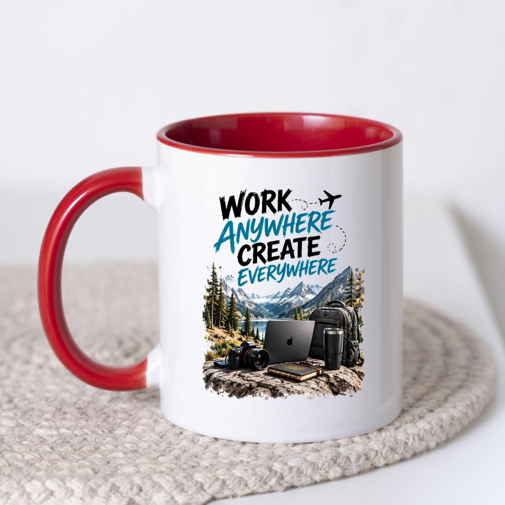 Tech Mug "Work Anywhere Create Everywhere" Work Anywhere Create Everywhere 325ml Ceramic Coffee Mug – Digital Nomad Mug with Mountain Lake, Laptop, Camera & Travel Backpack | Remote Work Gift | Fast Dispatch by UK Seller (M3334)