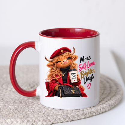 Self-Love Mug "More Self Love Brighter Days Highland Cow" More Self Love Brighter Days Highland Cow 325ml Ceramic Coffee Mug– Chic Red Beret Fashion Tea Cup Positive Typography Graphic Gift | Available in Multicolours | Fast Dispatch by UK Seller (M3197)