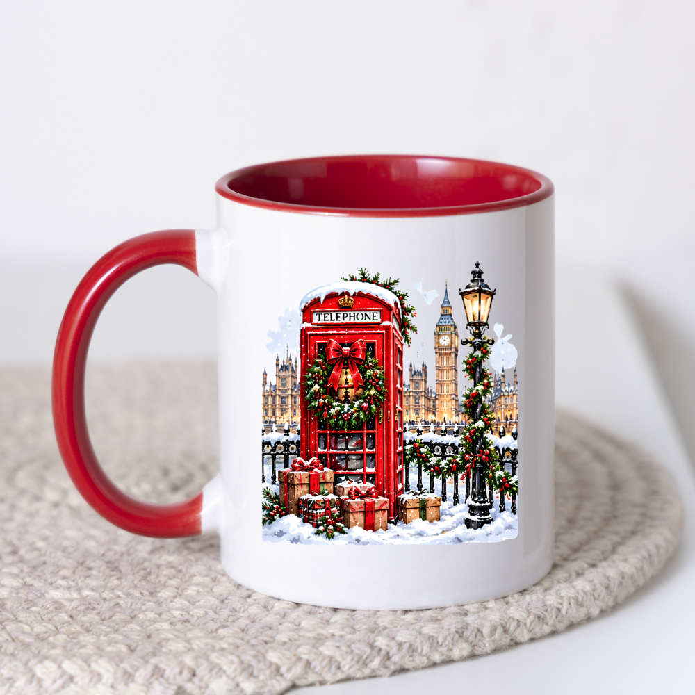 London Christmas Telephone Box Mug "Winter in London" Christmas in London Telephone Box 325ml Ceramic Coffee Mug –Big Ben & Houses of Parliament Scene with Festive Wreath, Lamp Post & Gift Boxes | Holiday Souvenir Gift | Fast Dispatch by UK Seller (M3439)