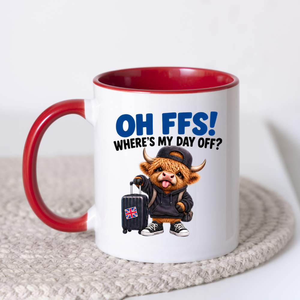 Highland Cow Day Off Mug "OH FFS! Where's My Day Off?" Oh Ffs! Where's My Day Off? 325ml Ceramic Coffee Mug – Cute Highland Cow in Hoodie & Cap with Union Jack Suitcase | Funny Work & Holiday Gift | Fast Dispatch by UK Seller (M3380)