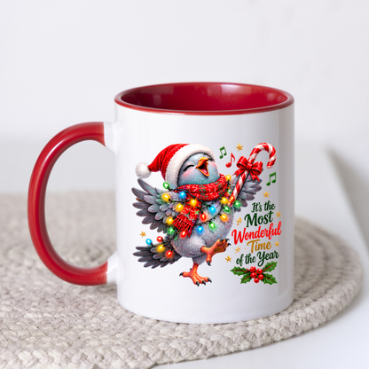 Holiday Mug "It's the Most Wonderful Time of the Year Bird" 325ml Ceramic Coffee Mug – Joyful Singing Christmas Bird Wrapped In Christmas Lights Scarf Festive Holiday Gift | Available in Multicolours | Fast Dispatch by UK Seller (M3268)