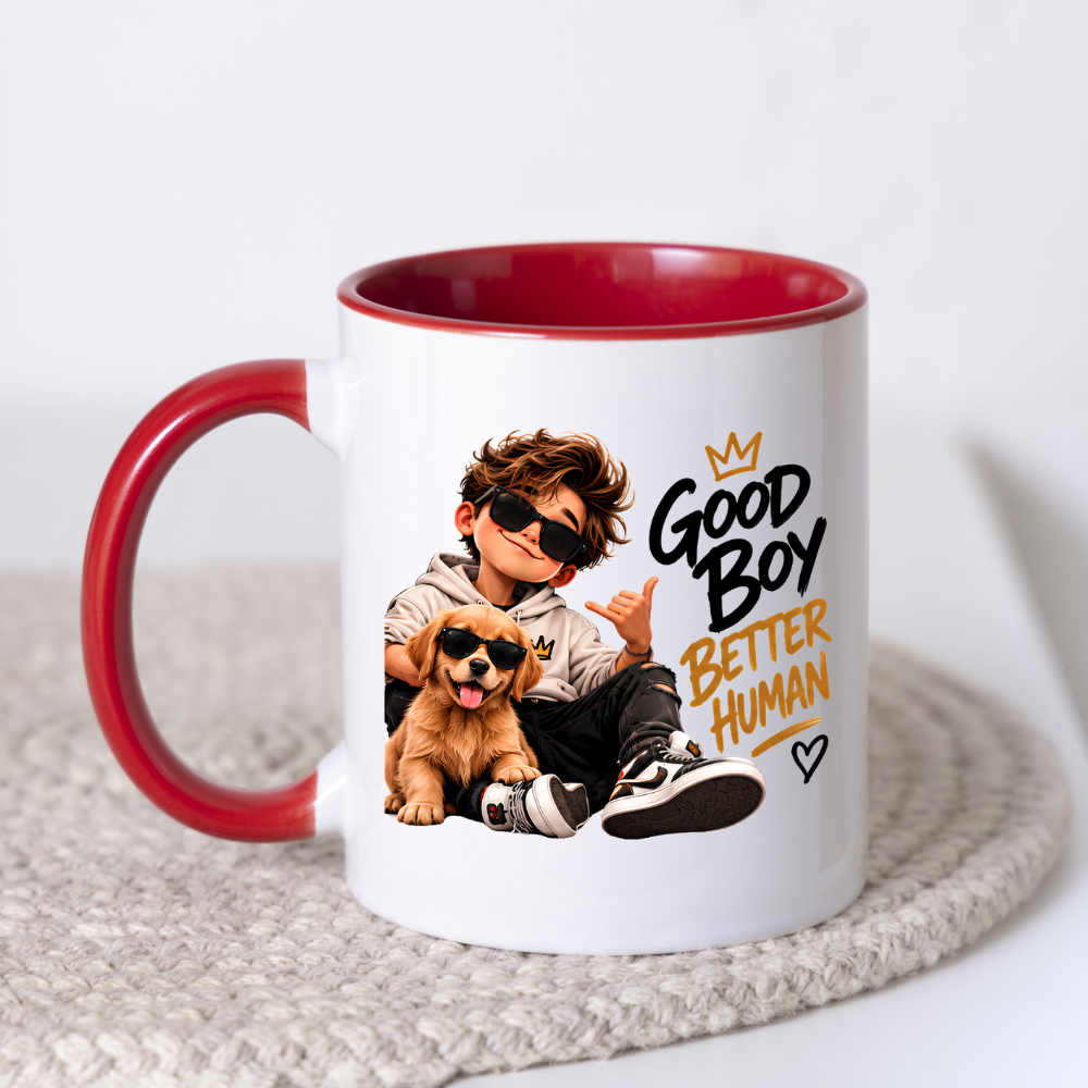 Dog Mug "Good Boy Better Human" 325ml Ceramic Coffee Tea Cup – Golden Retriever Puppy Graphic, Sunglasses & Slogan Novelty Gift for Dog Lovers, Teens, Birthday – Fast Dispatch by UK Seller (M3500)
