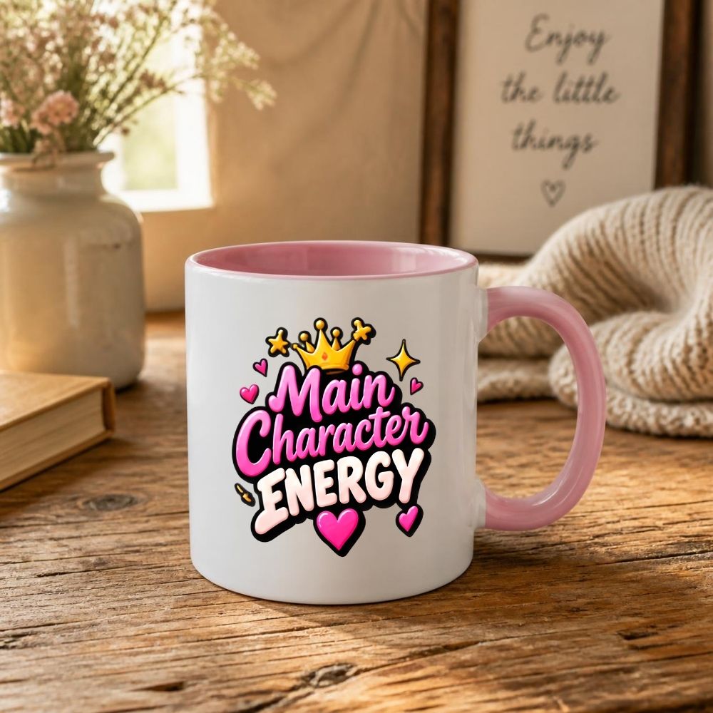 Sassy Mug "Main Character Energy" 325ml Ceramic Coffee Mug Cute Bold Typography Tea Cup with Gold Crown, Sparkles & Pink Hearts Gift | Available in Multicolours | Fast Dispatch by UK Seller (M1299)