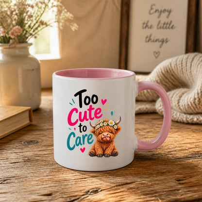 Sassy Mug "Too Cute to Care" Highland Cow 325ml Ceramic Coffee Mug Cute Animal Tea Cup with Daisy Flower Crown & Cheeky Calf Gift | Available in Multicolours | Fast Dispatch by UK Seller (M1285)