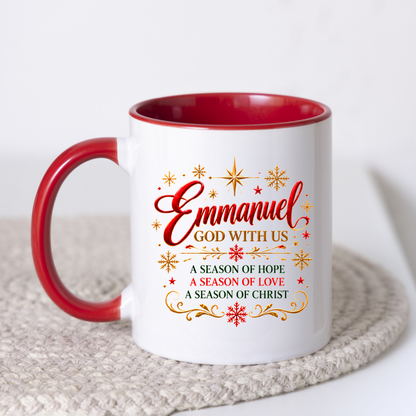 Christmas Mug "Emmanuel God With Us" Emmanuel God With Us 325ml Ceramic Coffee Mug – Christian Christmas Verse Mug with Gold Star, Snowflakes Scrollwork Festive Religious Gift | Available in Multicolours | Fast Dispatch by UK Seller (M3294)
