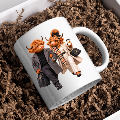 Fashion Mug "Elegance Highland Cow Couple Walking" Elegance Highland Cow Couple 325ml Ceramic Coffee Mug– Chic Winter Walking Tea Cup with Charcoal Overcoat Beige Trench Scarf Graphic Gift | Available in Multicolours | Fast Dispatch by UK Seller (M3191)