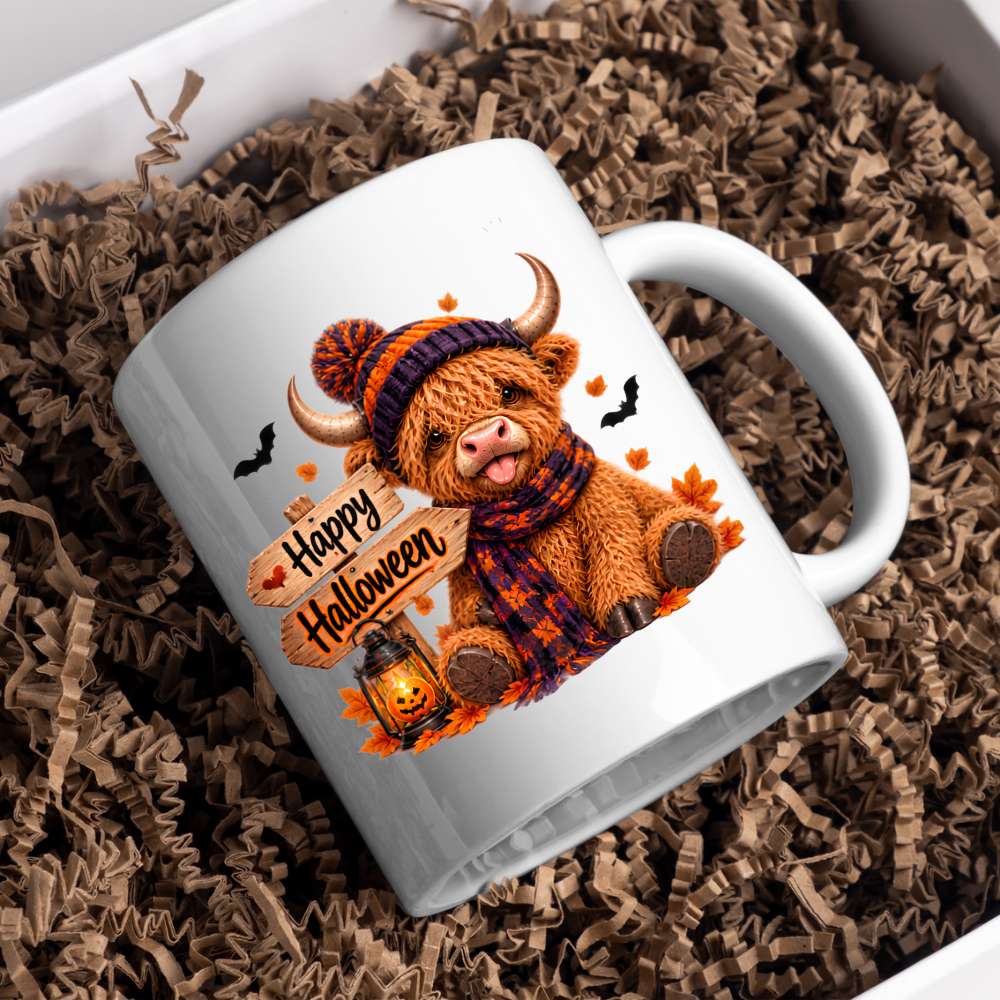 Halloween Mug "Cozy Beanie Happy Halloween" Cozy Halloween Highland Cow 325ml Ceramic Coffee Mug – Autumn Beanie Tea Cup with Wooden Sign Lantern Graphic Gift | Available in Multicolours | Fast Dispatch by UK Seller (M3167)