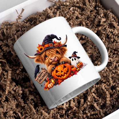 Halloween Mug "Happy Halloween" Cute Witchy Highland Cow 325ml Ceramic Coffee Mug Spooky Autumn Tea Cup with Pumpkin and Ghost Graphic Gift | Available in Multicolours | Fast Dispatch by UK Seller (M3155)