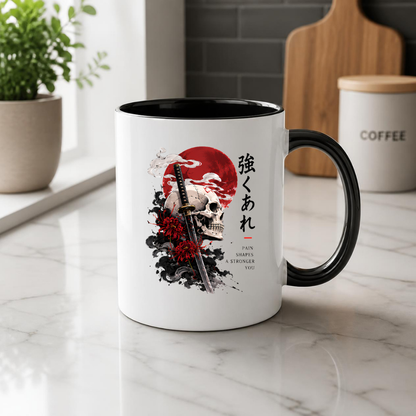 Inspirational Japanese Samurai Skull Mug "PAIN SHAPES A Stronger You" Katana & Red Sun 325ml Ceramic Coffee Mug – Aesthetic Resilience Tea Cup With Kanji Spider Lily Graphic Gift | Available in Multicolours | Fast Dispatch by UK Seller (M3047)