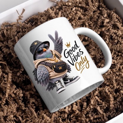 Good Vibes Mug "Good Vibes Only Cool Pigeon" 325ml Ceramic Mug – Cool Pigeon in Bucket Hat, Gold Chain, Crossbody Bag High Top Sneakers Funny Streetwear Bird Mug Gift For Friends Coworkers | Available in Multicolours | Fast Dispatch by UK Seller (M3237)