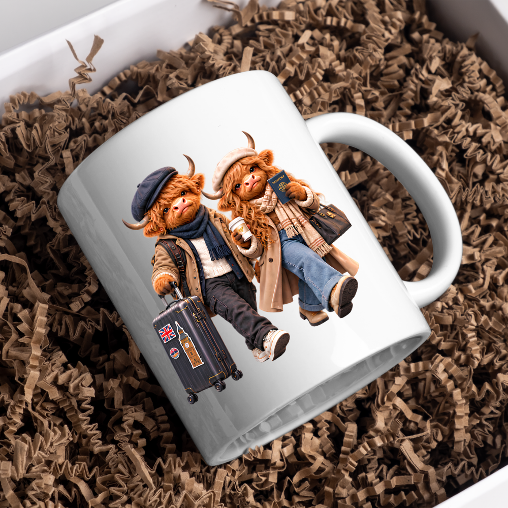 Travelers Mug "World Travelers Highland Cow Couple" 325ml Ceramic Mug – Stylish Highland Cow Couple with Passport Suitcase Stamped With Big Ben Union Jack Cozy Gift For Travelers Couples | Available in Multicolours | Fast Dispatch by UK Seller (M3262)