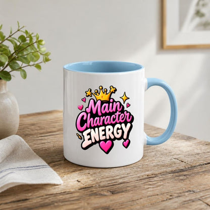 Sassy Mug "Main Character Energy" 325ml Ceramic Coffee Mug Cute Bold Typography Tea Cup with Gold Crown, Sparkles & Pink Hearts Gift | Available in Multicolours | Fast Dispatch by UK Seller (M1299)