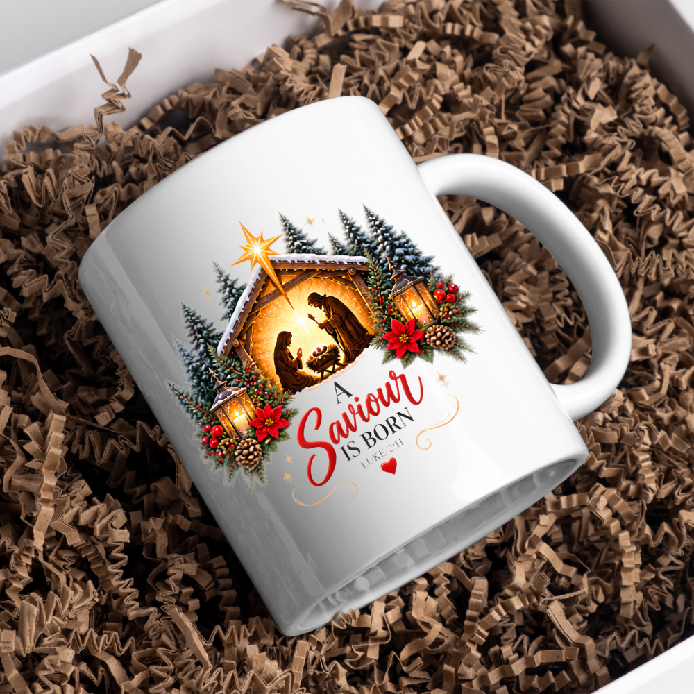 Christmas Mug "A Saviour Is Born Luke 2:11" A Saviour Is Born 325ml Ceramic Coffee Mug – Festive Nativity Scene Mug with Star of Bethlehem Poinsettia Holiday Gift | Available in Multicolours | Fast Dispatch by UK Seller (M3320)