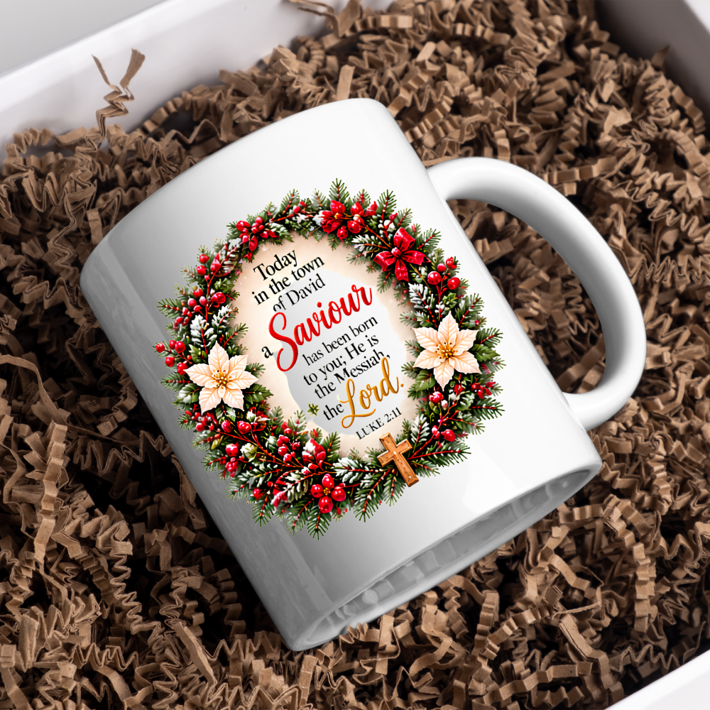 Religious Christmas Mug "Today In The Town Of David A Saviour Has Been Born To You" 325ml Ceramic Coffee Mug – Christian Christmas Scripture Mug with Luke 2:11, Wreath & Poinsettia | Religious Holiday Gift | Fast Dispatch by UK Seller (M3340)