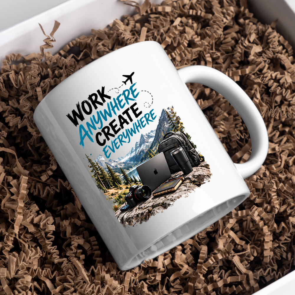 Tech Mug "Work Anywhere Create Everywhere" Work Anywhere Create Everywhere 325ml Ceramic Coffee Mug – Digital Nomad Mug with Mountain Lake, Laptop, Camera & Travel Backpack | Remote Work Gift | Fast Dispatch by UK Seller (M3334)