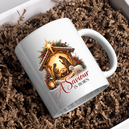 Christmas Mug "A Saviour Is Born Nativity Scene" 325ml Ceramic Coffee Mug – Christian Christmas Nativity Scene Mug with Bethlehem Star Baby Jesus Lamb Religious Holiday Gift | Available in Multicolours | Fast Dispatch by UK Seller (M3300)