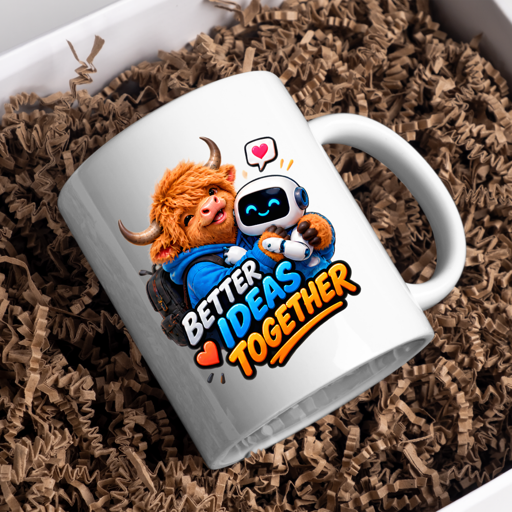 Tech Mug "Better Ideas Together Highland Cow" 325ml Ceramic Coffee Mug – Cute Highland Cow Hugging AI Robot Companion Modern Tech Gift For Coworkers Developers AI Enthusiasts | Available in Multicolours | Fast Dispatch by UK Seller (M3231)