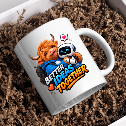 Tech Mug "Better Ideas Together Highland Cow" 325ml Ceramic Coffee Mug – Cute Highland Cow Hugging AI Robot Companion Modern Tech Gift For Coworkers Developers AI Enthusiasts | Available in Multicolours | Fast Dispatch by UK Seller (M3231)