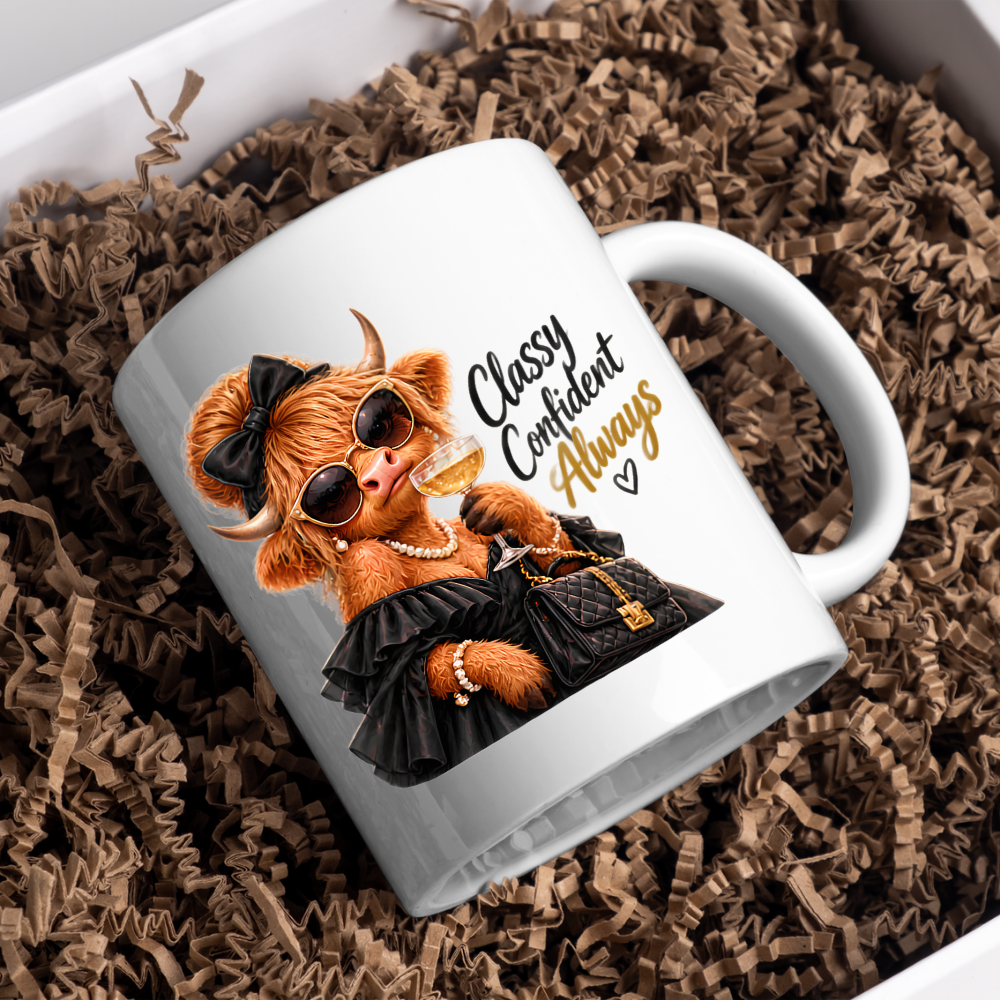 Highland Cow Mug "Classy Confident Always Highland Cow" 325ml Ceramic Coffee Mug – Glamorous Highland Cow in Black Evening Dress Pearls Sunglasses Bow Holding Champagne Glass Chic Gift | Available in Multicolours | Fast Dispatch by UK Seller (M3280)