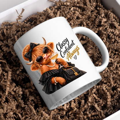 Highland Cow Mug "Classy Confident Always Highland Cow" 325ml Ceramic Coffee Mug – Glamorous Highland Cow in Black Evening Dress Pearls Sunglasses Bow Holding Champagne Glass Chic Gift | Available in Multicolours | Fast Dispatch by UK Seller (M3280)