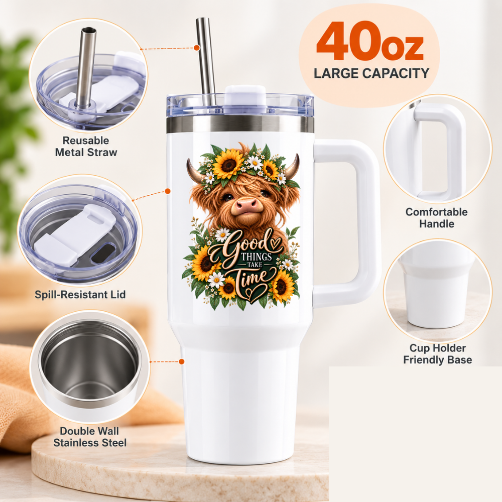 Floral Sunflower Highland Cow Travel Tumbler "Good Things Take Time" Graphic 40oz Stainless Steel Insulated Travel Mug with Handle & Straw – Highland Cow in Sunflower Crown & Botanical Wreath Novelty Travel Cup | Fast Dispatch by UK Seller (T3033)