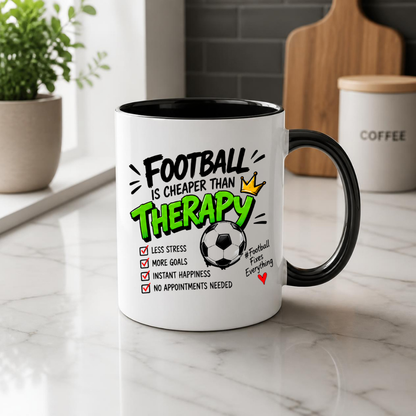 Football Mug "FOOTBALL IS CHEAPER THAN THERAPY" Crown Football 325ml Ceramic Coffee Mug Sporty Therapy Checklist Tea Cup with "#FootballFixesEverything" Graphic Gift | Available in Multicolours | Fast Dispatch by UK Seller (M3095)