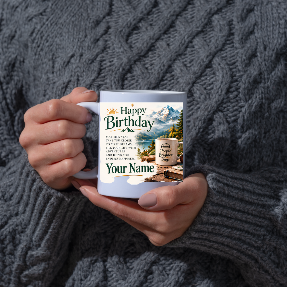 Personalised Birthday Mug "Happy Birthday" 325ml Ceramic Coffee Tea Cup – Mountain Landscape, Scenic View, Custom Name & Adventure Wish Slogan Novelty Gift for Travelers, Men, Women, Birthday – Fast Dispatch by UK Seller (M3513)