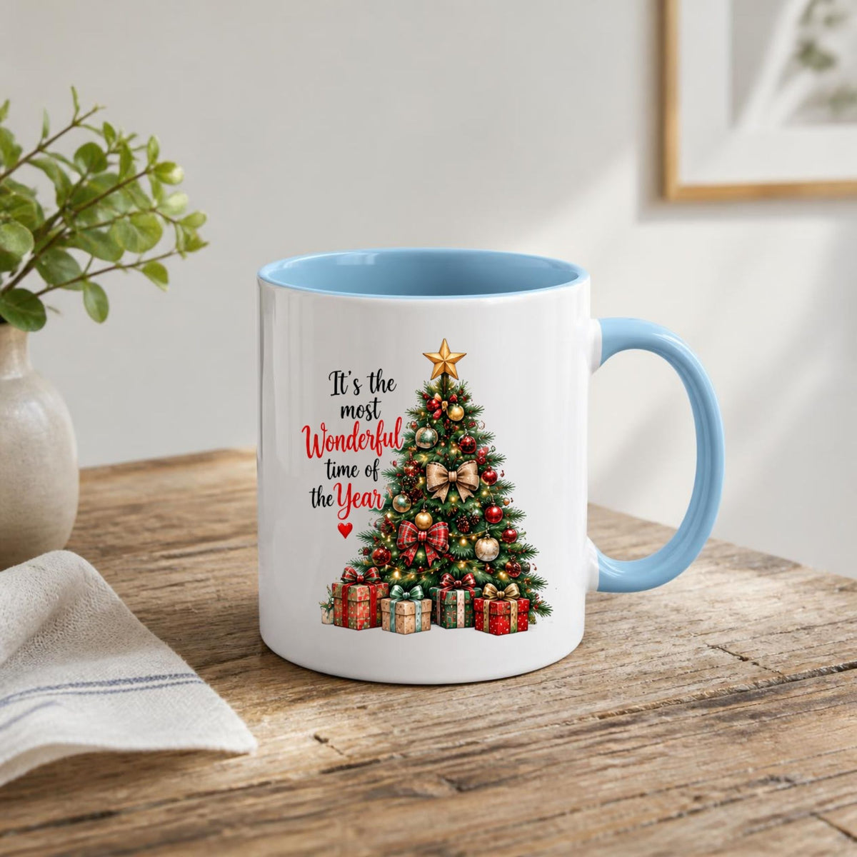 Festive Mug "It's the Most Wonderful Time of the Year" Christmas Tree 325ml Ceramic Coffee Mug – Classic Holiday Tea Cup with Ornaments, Star Gifts Gift | Available in Multicolours | Fast Dispatch by UK Seller (M1262)
