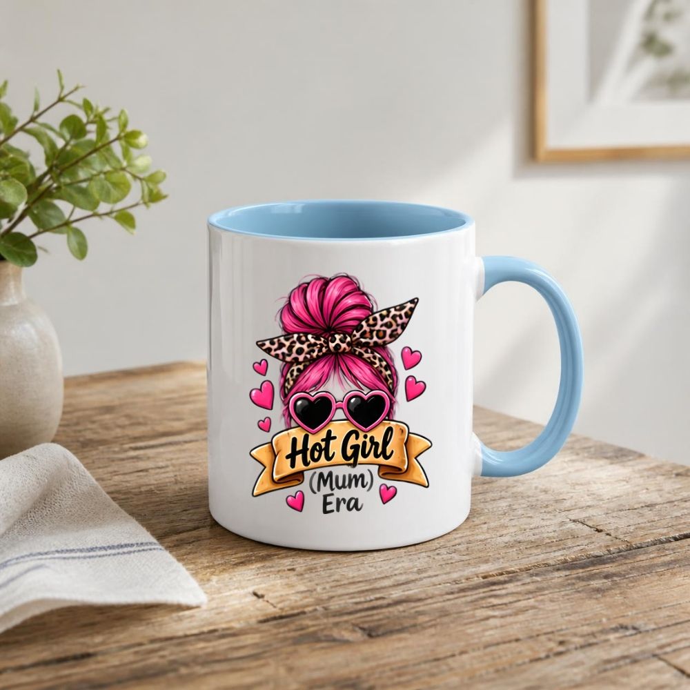 Sassy Mum Mug "Hot Girl (Mum) Era" 325ml Ceramic Coffee Mug Trendy Messy Bun Tea Cup with Leopard Bandana, Heart Sunglasses & Hearts Gift | Available in Multicolours | Fast Dispatch by UK Seller (M1306)