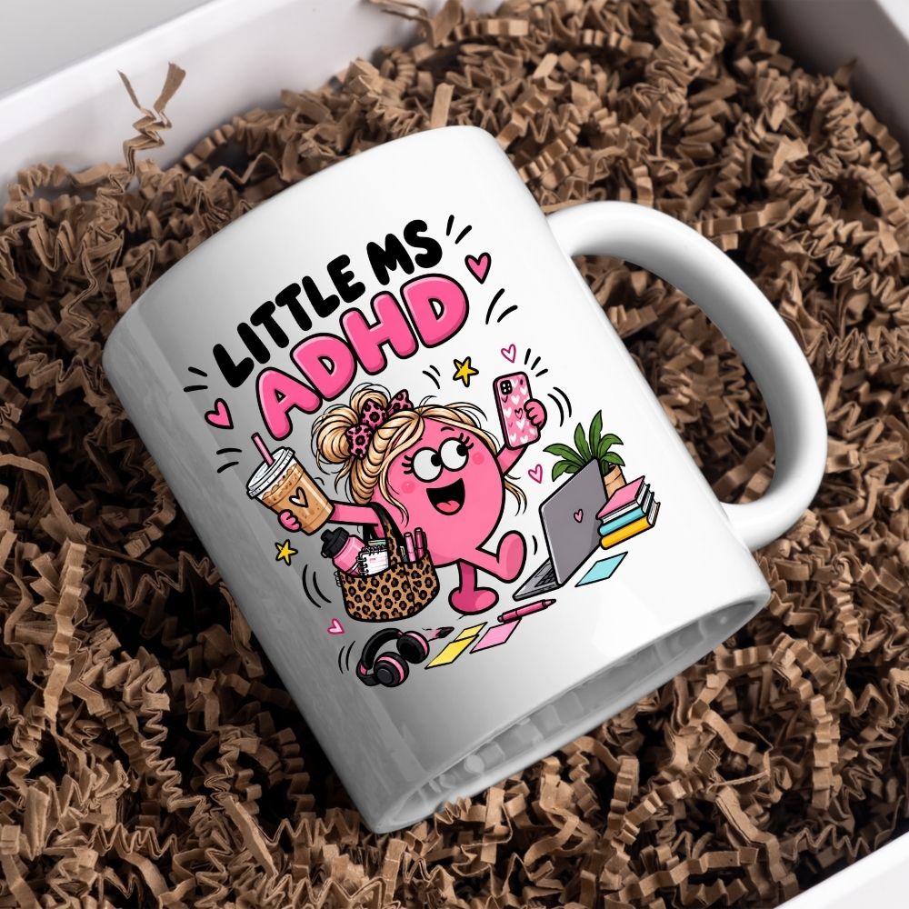 Cute Mug "Little Ms ADHD" Funny Neurodivergent Cartoon Coffee Cup 350ml, Pink Ceramic Novelty Mug, Relatable Busy Mind Multitasking Humour Gift for Her Mum Sister Girlfriend Best Friend, Birthday Christmas Secret Santa | Fast Dispatch by UK Seller (M1112)